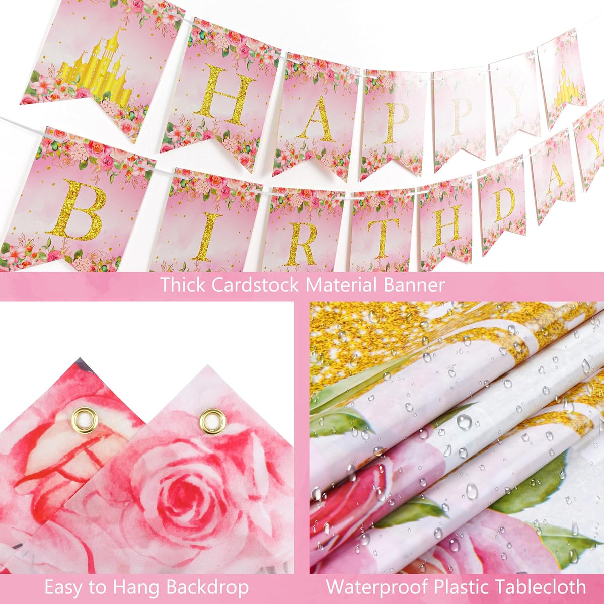 thaway princess birthday decorations pink gold balloon arch, side view