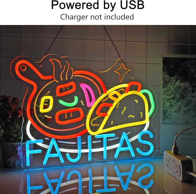 CNBEYOUNG Fajitas Neon Sign, Neon Lights Hanging Wall Art Decoration for Mexican Restaurant Shop Bar Lounge Cafe Kitchen Party Home Decor, USB Powered Ultra Bright Dimmable,15.75x 11.8inches