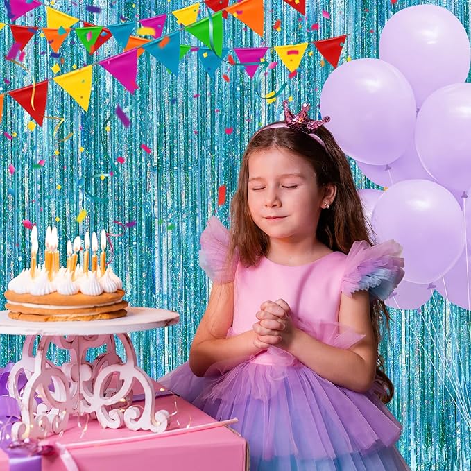 Crosize 2 Pack 3.3 x 9.9 ft Laser Blue Foil Fringe Curtains Party Decorations, Tinsel Curtain Backdrop for Parties, Door Streamers, Glitter Streamer Backdrop for Birthday Decoration