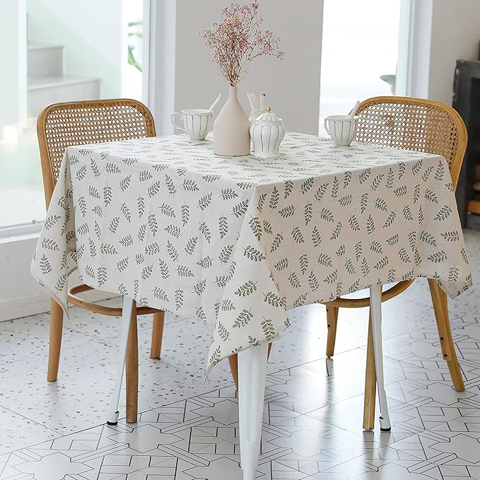 Pastoral Square Tablecloth - 52 x 52 Inch - Beige Linen Table Cloth - Washable Table Cover with Dust-Proof Wrinkle Resistant for Restaurant, Picnic, Bistro, Indoor and Outdoor Dining, Green Leaf