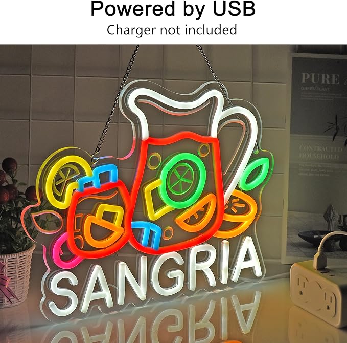 CNBEYOUNG Sangria Neon Sign, Neon Lights Hanging Wall Art Decoration for Restaurants Shop Bar Kitchen Garden Party Home Decor, USB - Driven, Super Bright & Adjustable,14.57x 11.26inches