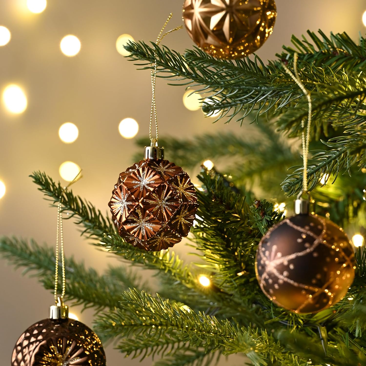 Valery Madelyn Fall Ornaments for Christmas Trees, 16ct Bronze Copper Brown Gold Shatterproof Fall Christmas Tree Decorations, 2.36 Inches Luxury Hanging Ball Ornaments for Thanksgiving Autumn Harvest