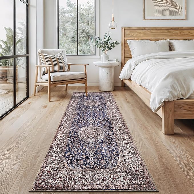 Bloom Rugs Washable Non-Slip 12 ft Runner - Dark Blue/Beige Traditional Medallion Runner for Entryway, Hallway, Bathroom, and Kitchen - Exact Size: 2.5' x 12'