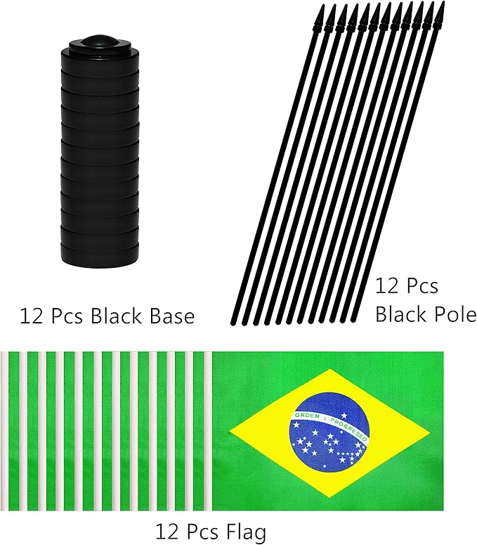 12 Pack Brazil Desk Flags Set, Brazilian Small Mini Table Office Flags with 12" Solid Black Pole, 8.2 x 5.5 Inches, Home and Office Decoration, Festival Celebrations