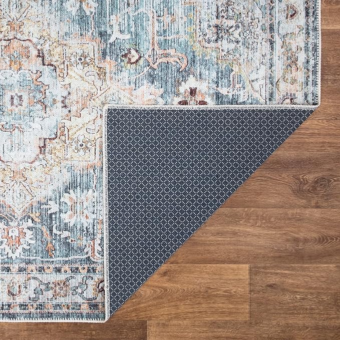Bloom Rugs Washable Non-Slip 8' x 10' Rug - Teal/Peach Traditional Area Rug for Living Room, Bedroom, Dining Room, and Kitchen - Exact Size: 8' x 10'