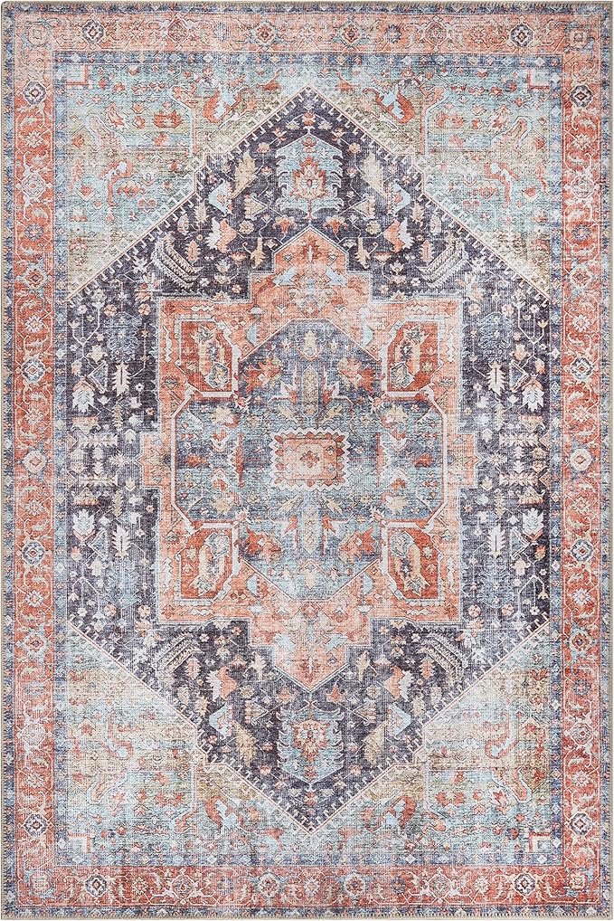 Bloom Rugs Washable Non-Slip 3' x 5' Rug - Terracotta/Blue Traditional Medallion Area Rug for Living Room, Bedroom, Dining Room, and Kitchen - Exact Size: 3' x 5'