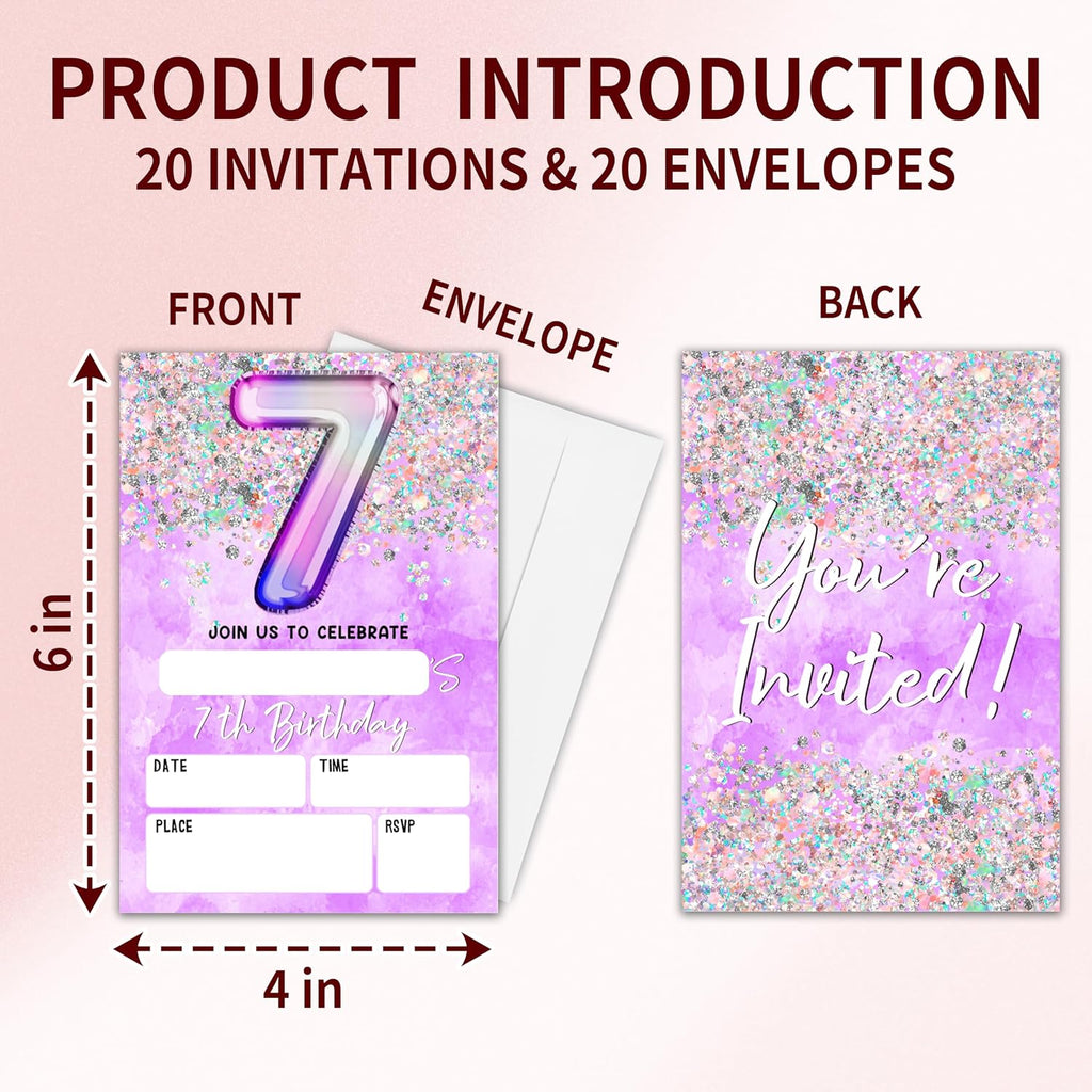 7Th Birthday Invitation Cards, Holographic Balloons Double-Sided Fill In Style Birthday Invites With Envelopes, Glitter Purple 7 Years Old Invitations For Girls, Teen, Party Favor & Supplies - A09