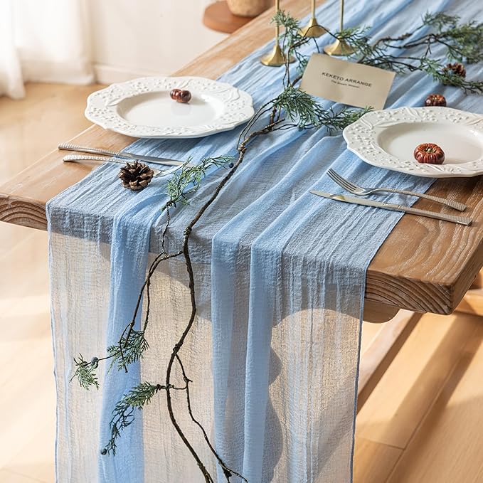Cheesecloth Light Blue Table Runner Gauze Rustic Cheese Cloth Table Runner 120 Inch 10 FT for Wedding Baby Shower Bridal Shower Birthday Party Sheer Home Boho Decorations