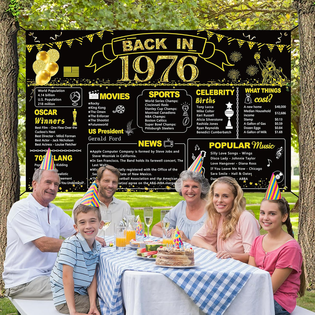 DARUNAXY 50th Birthday Black Gold Party Decoration, Back in 1976 Banner 50 Year Old Birthday Party Poster Supplies Vintage 1976 Backdrop Photography Background for Men & Women 50th Class Reunion Decor