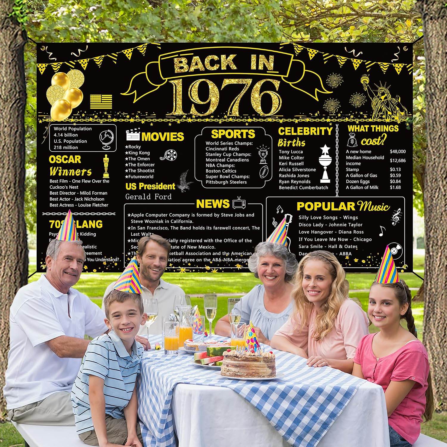 DARUNAXY 50th Birthday Black Gold Party Decoration, Back in 1976 Banner 50 Year Old Birthday Party Poster Supplies Vintage 1976 Backdrop Photography Background for Men & Women 50th Class Reunion Decor