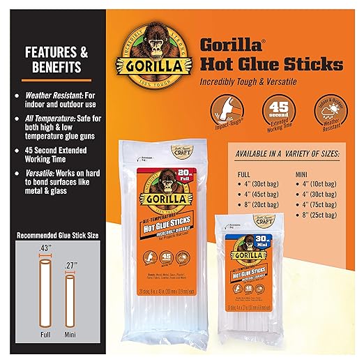 Gorilla Hot Glue Sticks, Clear Glue, Full Size 4" Long x 0.43" Diameter, 45 Count (Pack of 4) - Safe for All Temperatures with Extended Working Time