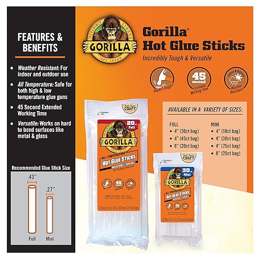 Gorilla Hot Glue Sticks, Clear Glue, Mini Size 4" Long x 0.27" Diameter, 75 Count (Pack of 1) - Safe for All Temperatures with Extended Working Time