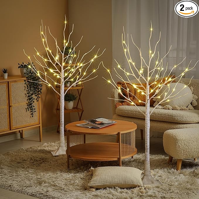 LIGHTSHARE 4 Feet 48L LED Birch Tree Lights, Pack of 2, Warm White, for Holiday Party and Christmas Decoration, Indoor and Outdoor Use