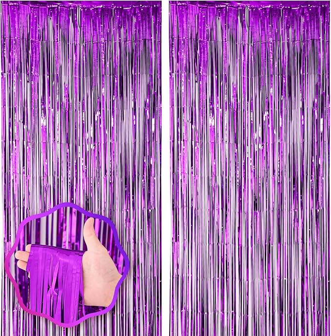 2 Pack Purple Foil Fringe Backdrop Curtains, Tinsel Streamers Birthday Party Decorations, Fringe Backdrop for Graduation, Baby Shower, Gender Reveal, Disco Party