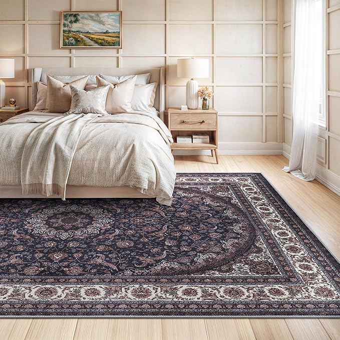 Bloom Rugs Washable Non-Slip 9' x 12' Rug - Navy Traditional Medallion Area Rug for Living Room, Bedroom, Dining Room, and Kitchen - Exact Size: 9' x 12'