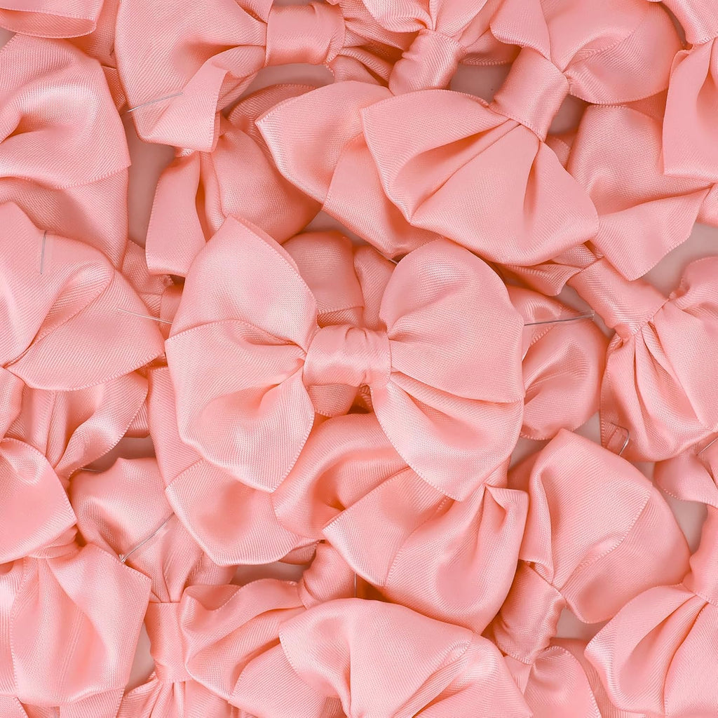 AIMUDI Pink Satin Ribbon Twist Tie Bows for Treat Bags 3.5" Baby Pink Bows for Crafts Small Pink Bows for Baby Shower Premade Bows for Cake Pops Candy Apple Wedding Favors Bridal Shower -24 Counts