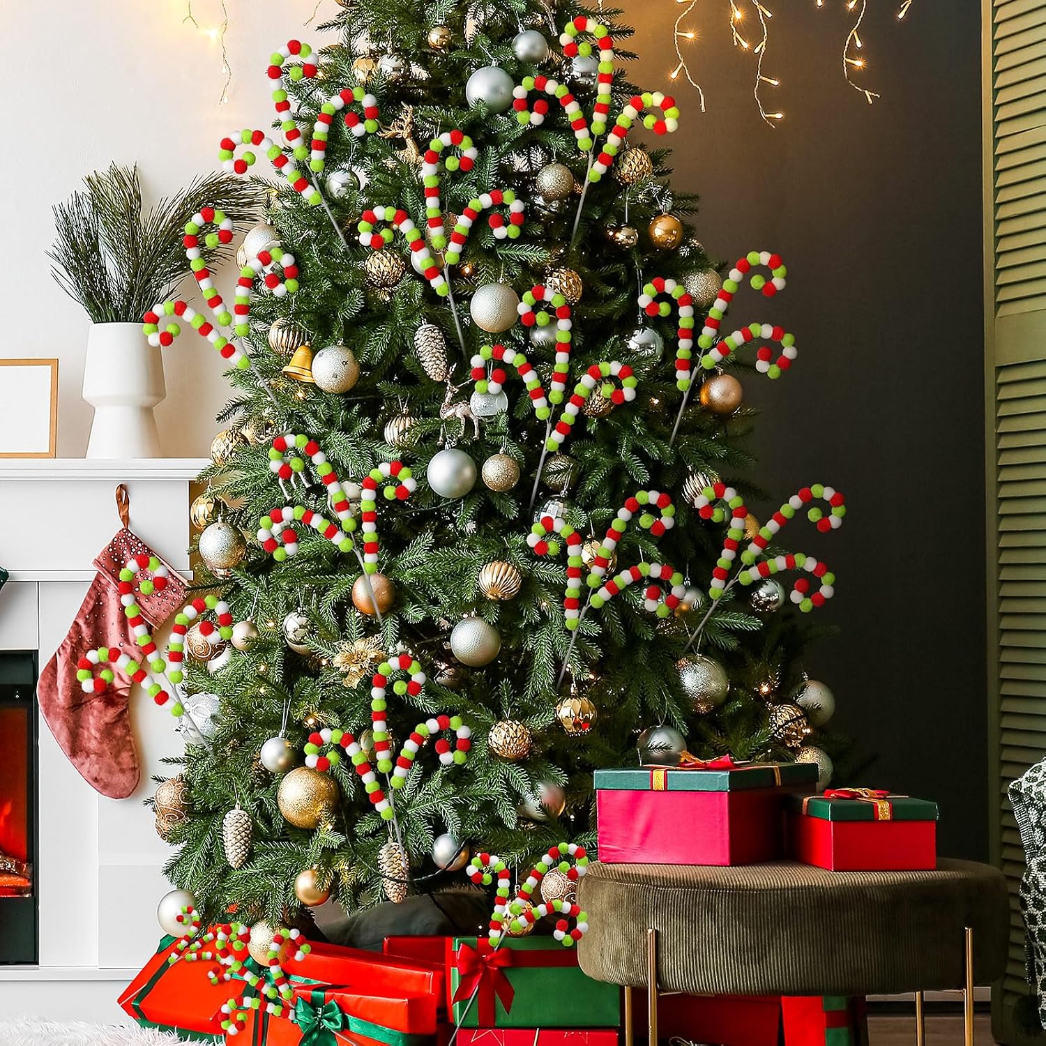 Gejoy 12 Pcs Christmas Tree Picks and Sprays White Red Green Christmas Picks 12'' Candy Cane Lime Green Pompom Peppermint Tree Topper Elf Ornament for Xmas Wreath Vase Filler Branches Decoration