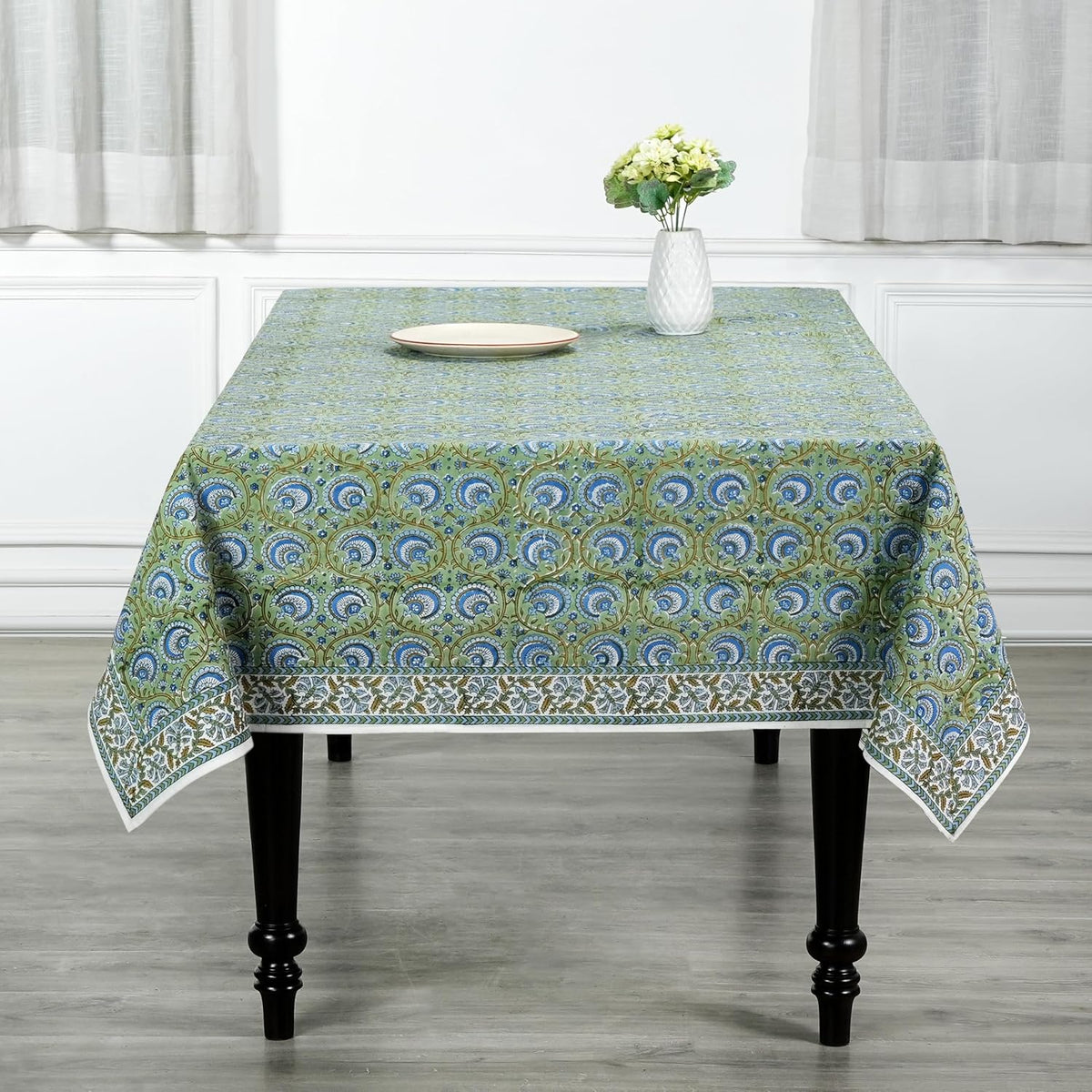 Ridhi Verdant Mist Hand Block Print Rectangle Tablecloth 90x60 Inch