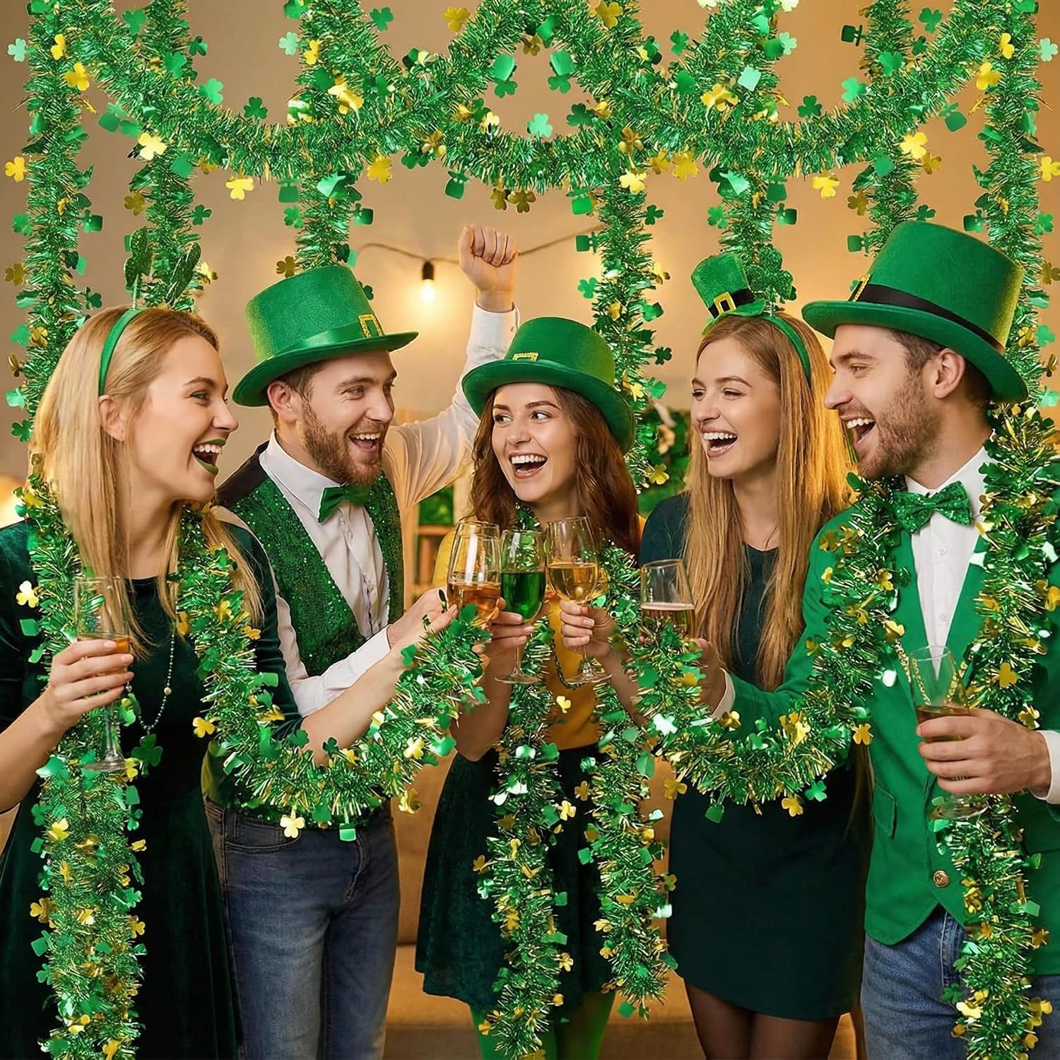 【20/40/60/80 FT】 St Patricks Day Garland Decor Gold Green Shamrock Hat Tinsel Garland, Shiny Metallic Streamer Twist Garland Hanging St Patricks Day Decorations for Home Indoor Outdoor Party Supplies