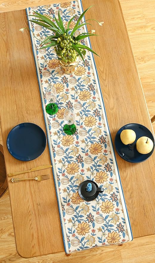 ISAENNE Designer Bohemian Elegant Linen Table Runner 71 Inches Long,Floral Pattern Duable Decor Table Runners for Dining Tables,Thanksgiving,Kitchen Tables,Christmas,12"*71"-Estevan B