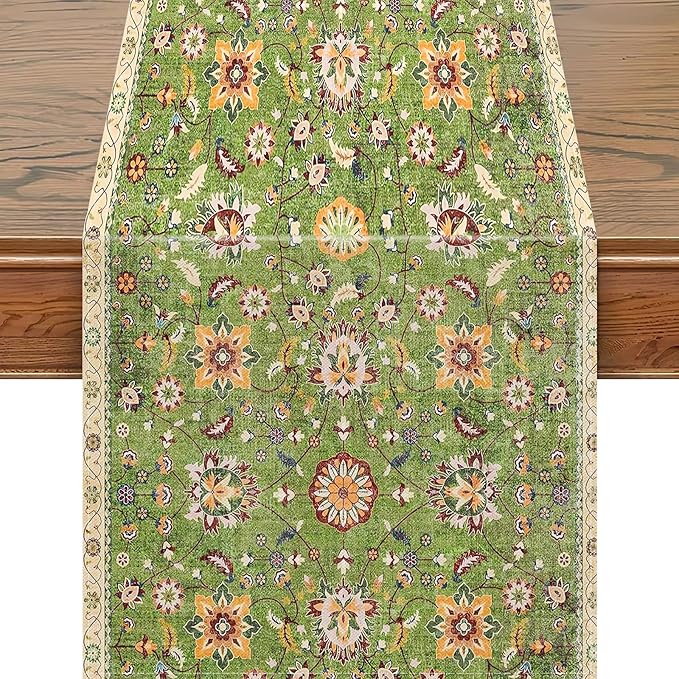 Snycler Table Runner Boho Table Runners Vintage Elegant Farmhouse Table Center Linen Decor for Home Dining Party Entrance (13x108 Inch) Green
