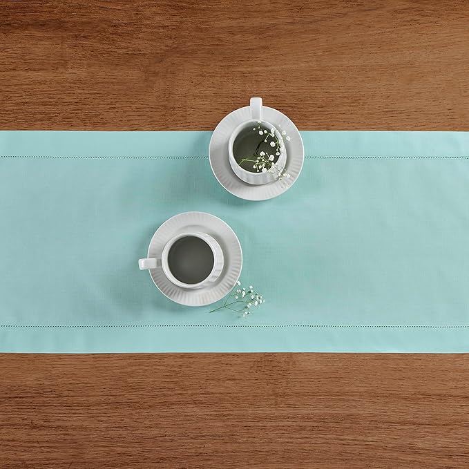 Solino Home Cotton Linen Table Runner 120 Inches Long - Hemstitch Pastel Turquoise Dining Table Runner 14 x 120 Inch