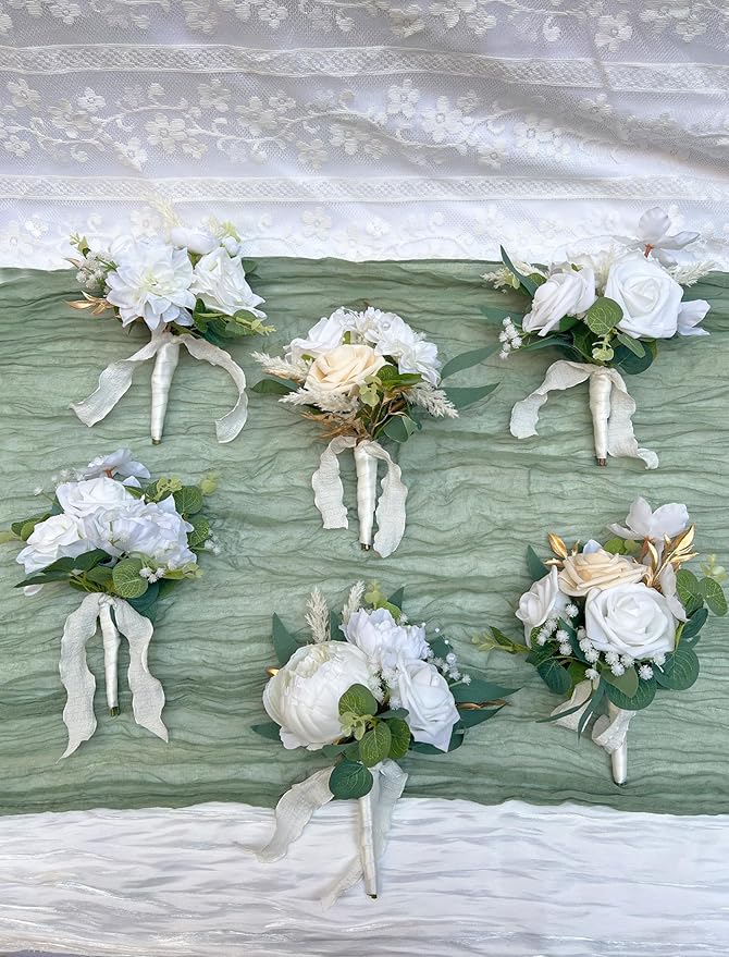 CherishedMoments Set of 6 Assorted Flower Centerpieces Mini Floral Wedding Flowers Set for Fall Wedding Table Centerpieces Decoration, White Bouquets and Home Decor