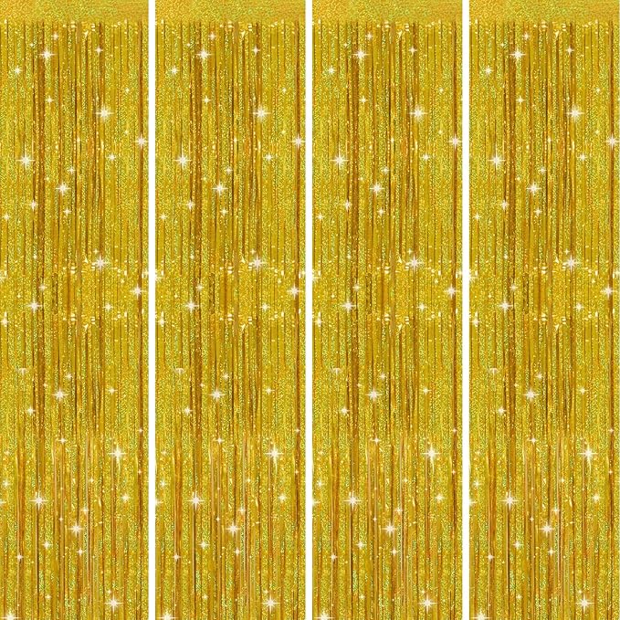 Picoway 4 Pack Gold Foil Fringe Tinsel Backdrop Curtains, Birthday Engagement Bachelorette Party Decorations, Photo Booth Props Door Streamers Curtain