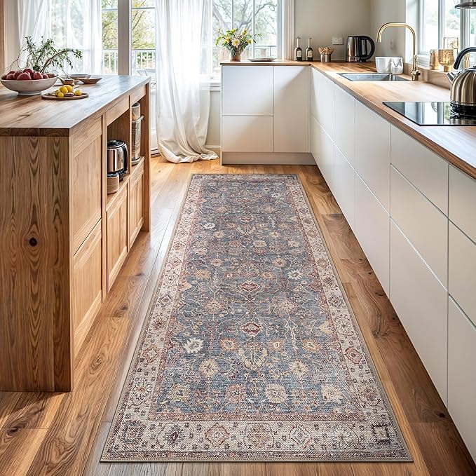 Bloom Rugs Washable Non-Slip 10 ft Runner - Beige/Blue Traditional Bordered Runner for Entryway, Hallway, Bathroom, and Kitchen - Exact Size: 2.5' x 10'