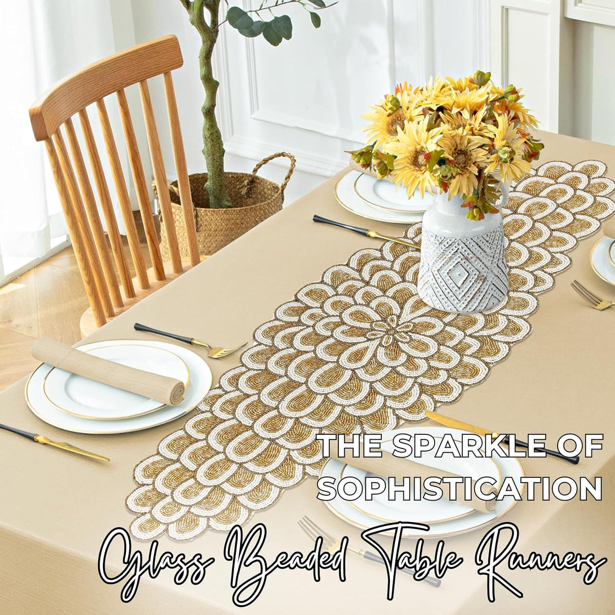 CLEENTABLE Gold Beaded Table Runner, 36 in, Farmhouse Holiday Décor