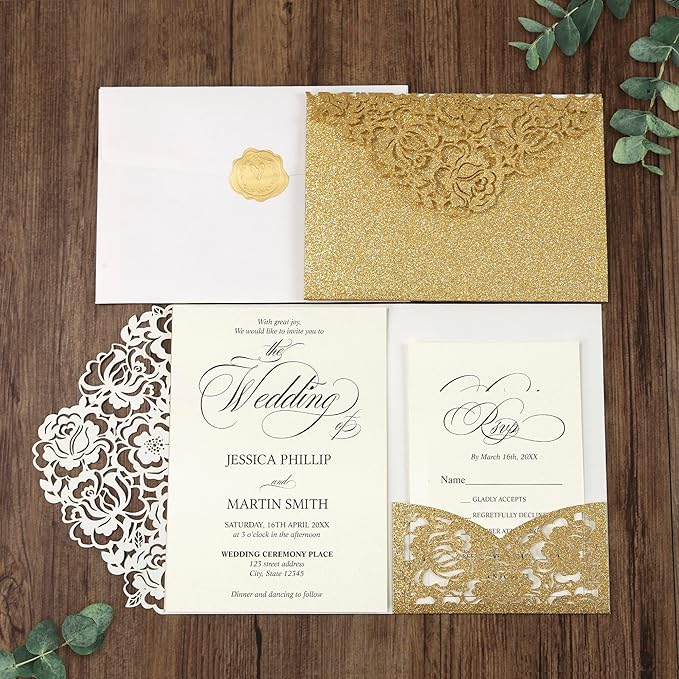DORIS HOME 50pcs Laser Cut Wedding Invitation Pockets with Envelopes Gold Glitter, 5.12" x 7.12"Invitation Cards for Wedding, Anniversary (No Inserts Included)
