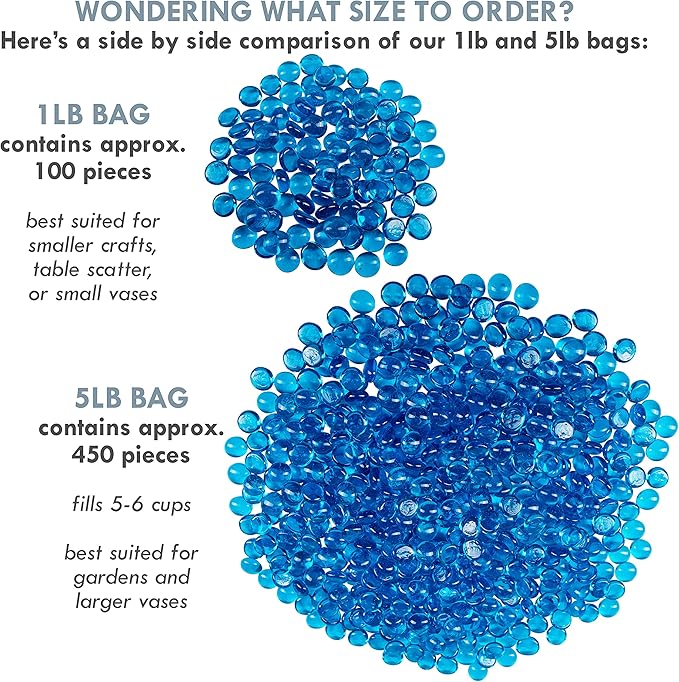 Galashield Flat Glass Marbles for Vases Blue Glass Gems Beads Pebbles Vase Filler (5 LBS, Approx. 540 PCS)