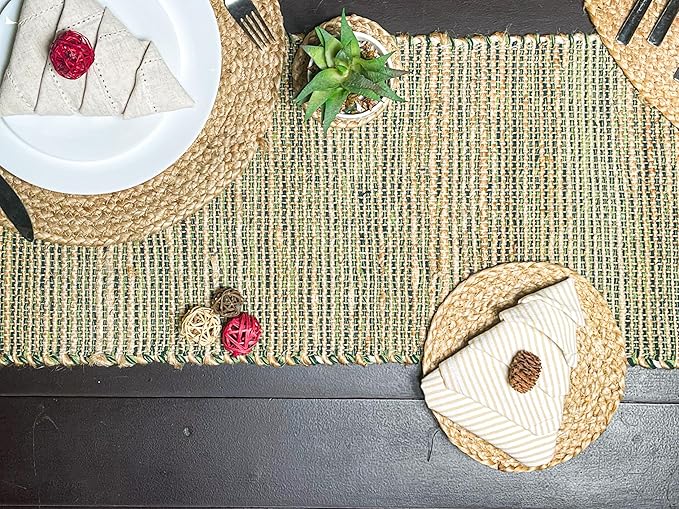 Chardin Home Natural Jute Table Runner 13x72 Inch – Vintage Boho Rustic Table Decor – Handwoven Table Runner in Natural Jute and Green – Farmhouse Dining or Console Table Accent