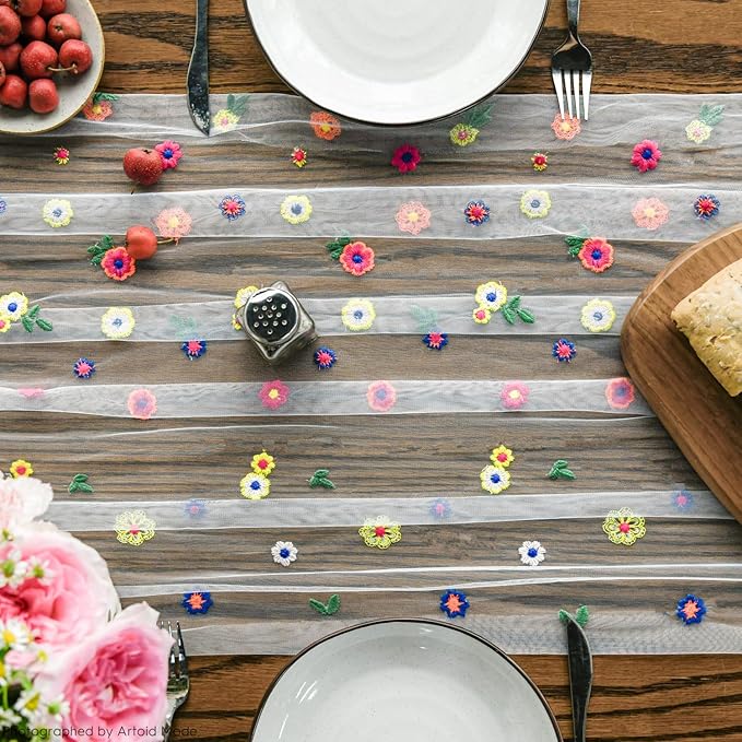 Artoid Mode 3PCS Embroidery Daisy Gauze Table Runner 120 Inch 10FT, Seasonal Sheer Kitchen Dining Holiday Wedding Birthday Table Decor for Home Party
