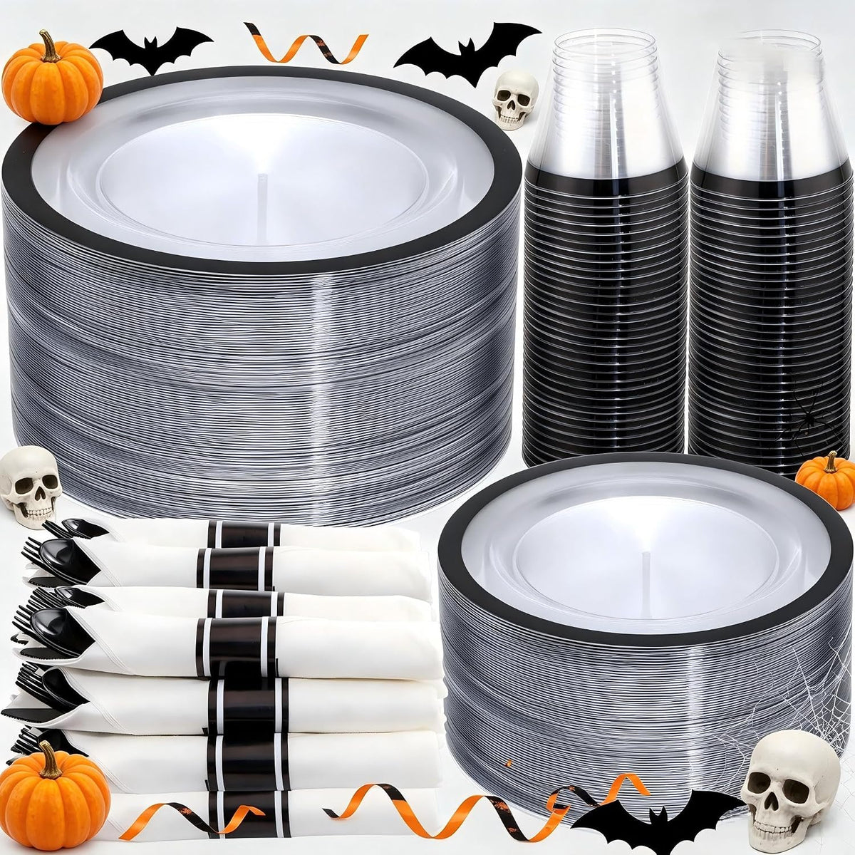 I00000 350Pcs Black Plastic Dinnerware Set,Disposable Plates for 50 Guests