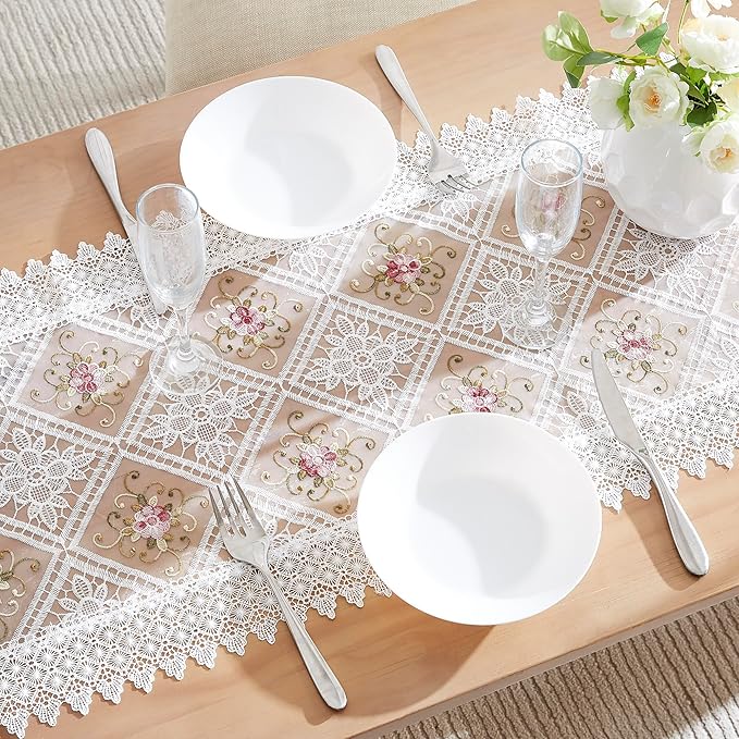Warm Home Designs White Lace Table Runner. 72 Inch Long, Embroidered with Intricate Flower Design. Can Be Used As Dresser Scarf or Dining Table Runner. VTR White 72