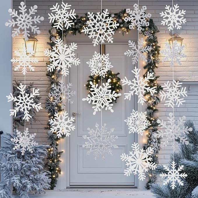 Winter Snowflake Cutouts - Glitter Paper Snowflake Decorations - 50Pcs White & Silver Double-Side Christmas Cutouts for Holiday Winter Wonderland Bulletin Board, Frozen Party Decor