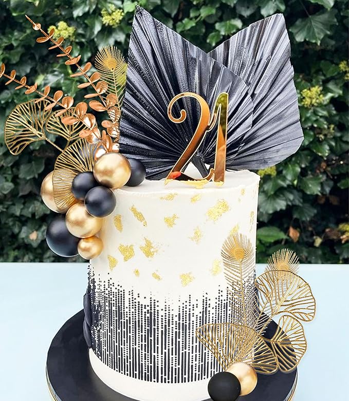 Boho Cake Topper Black Gold Balls Cake Topper Gold Leaves Cake Decorations Prom Cake Decoration Roaring 20s Cake Decoration 1920s Party Supplies Balls Cake Decorations