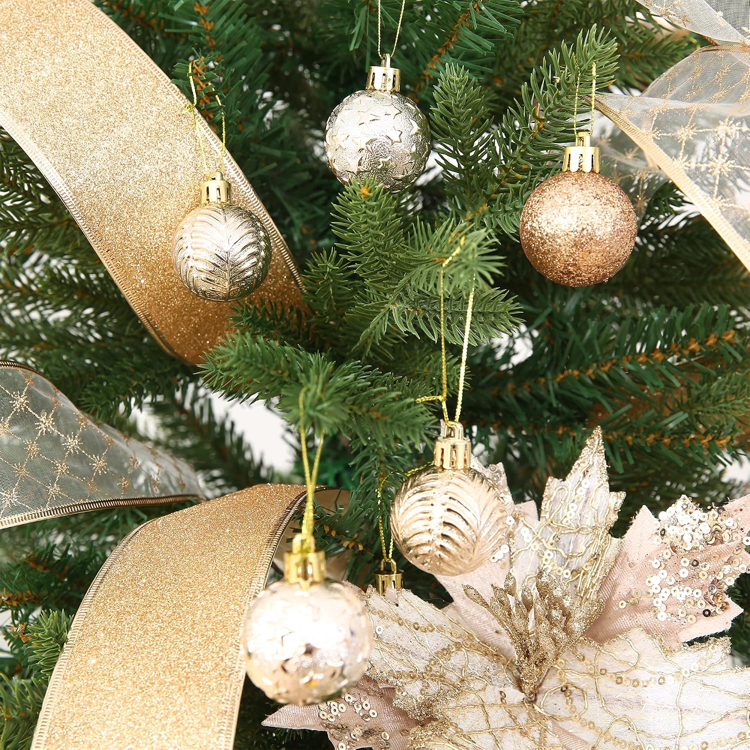 34ct Champagne Mini Christmas Ball Ornaments Shatterproof Plastic Christmas Tree Decorations for Xmas Party Home Office Holiday Decor -Small Size (1.57"/ 40mm)
