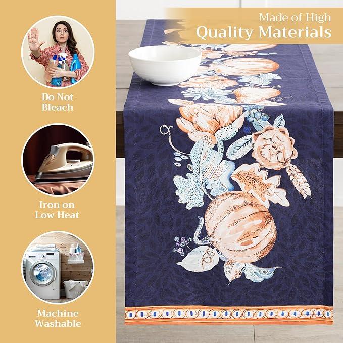 Maison d' Hermine Table Runner 100% Cotton Single Layer Table Runners 108 inches Long for Thanksgiving Christmas Decorations Home Kitchen Dining Party Wedding (Pumpkin Blues, 14.5" x 108")
