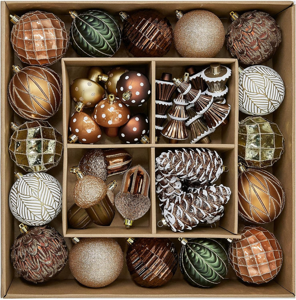 JORNOY Christmas Ornaments for Tree, Shatterproof Plastic Hanging Bulbs Set Decorations for Xmas Holiday Party with Lanyard, 36 Pack, Earth Tone
