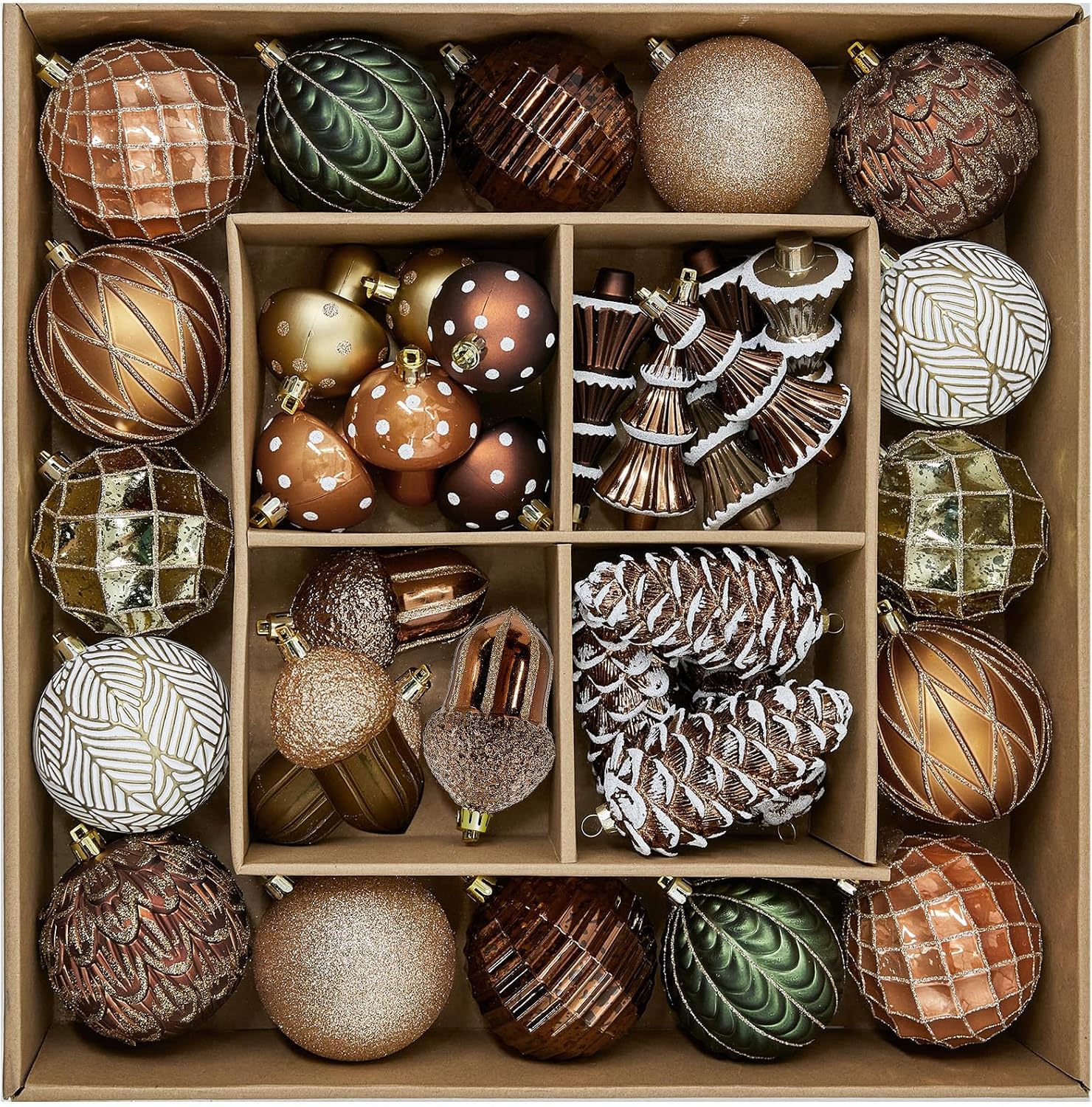 JORNOY Christmas Ornaments for Tree, Shatterproof Plastic Hanging Bulbs Set Decorations for Xmas Holiday Party with Lanyard, 36 Pack, Earth Tone