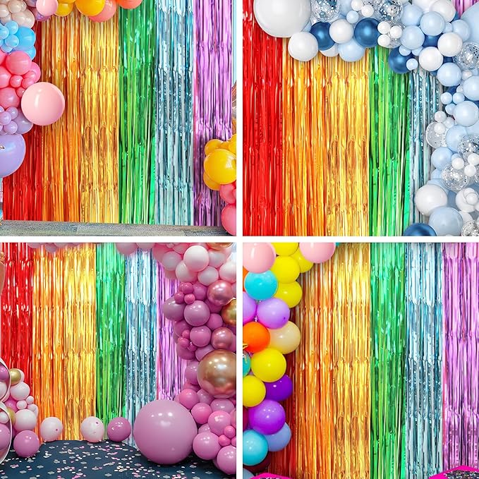 Crosize 2 Pack 3.3 x 8.2 ft Rainbow Foil Fringe Curtains Party Decorations, Tinsel Curtain Backdrop for Parties, Door Streamers, Glitter Streamer Fringe Backdrop for Birthday Decoration