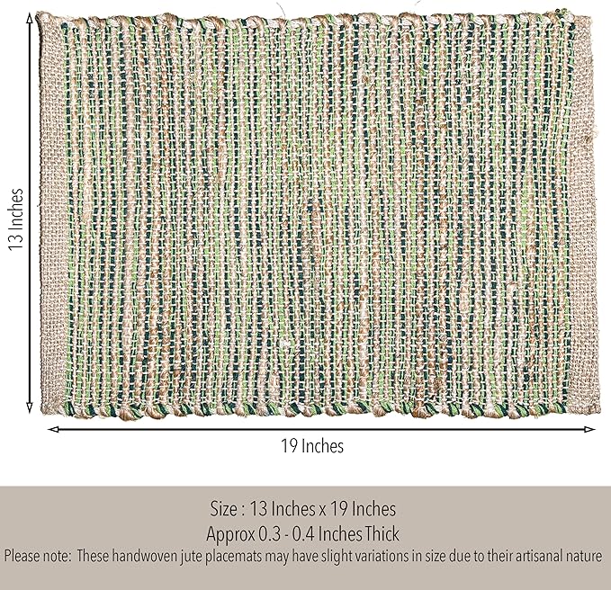 Chardin Home Natural Jute & Green Placemats, Set of 4 – Rustic Handmade Boho Table Mats, 13x19 Inch Dining Table Placemats for Kitchen, Everyday Meals, Holidays, Farmhouse or Modern Table Décor