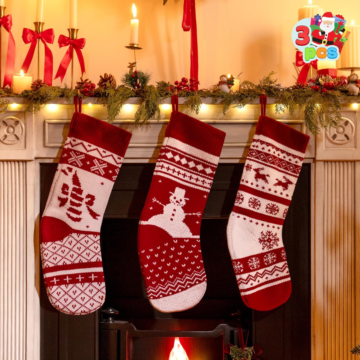 JOYIN 3 Pack 18" Knit Christmas Stockings, Burgundy/White Knitted Large Rustic Yarn Xmas Stockings, Snowflakes/Snowmen/Reindeers Character for Family Holiday Decorations, Wall, Staircase Decoration