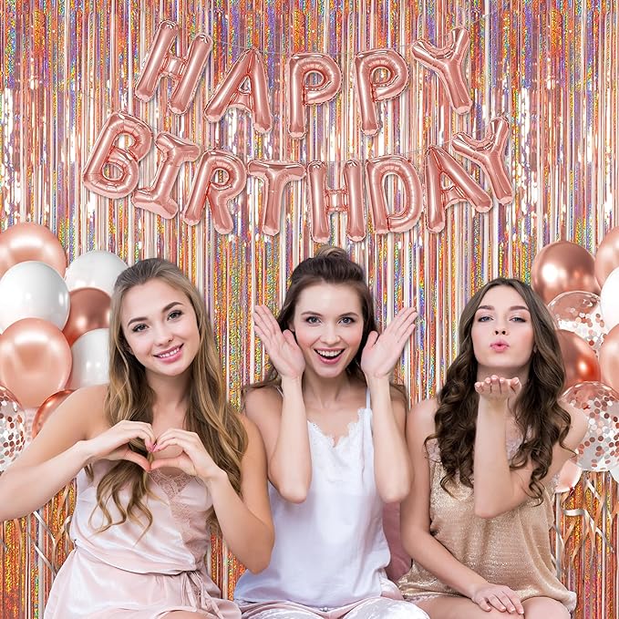 Foil Fringe Curtains Party Decorations - Melsan 3 Pack 3.2 x 8.2 ft Tinsel Curtain Party Photo Backdrop for Birthday Party Baby Shower Rose Gold
