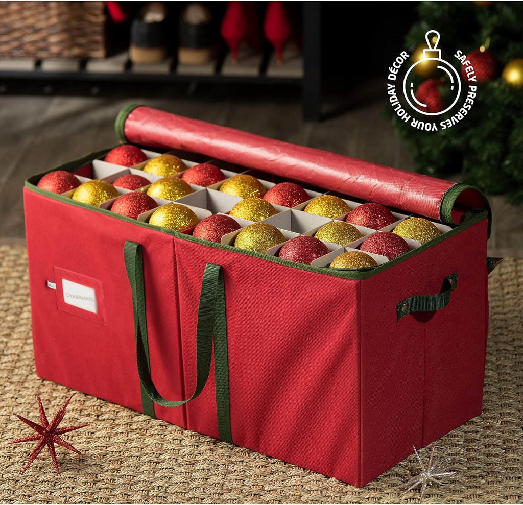 ZOBER Large Christmas Ornament Storage Box - Stores 128 3" Ornaments, With Dividers - Ornament Organizer Storage Box, Durable Christmas Containers Holder - Extra Pockets, Dual Zipper - Red