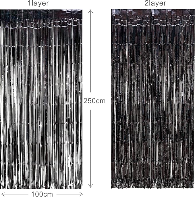 Black Tinsel Curtain Party Backdrop - GREATRIL Party Streamers Backdrop Foil Fringe Curtains for Birthdays/Wizard Halloween Decorations - 1m x 2.5m - Pack of 2