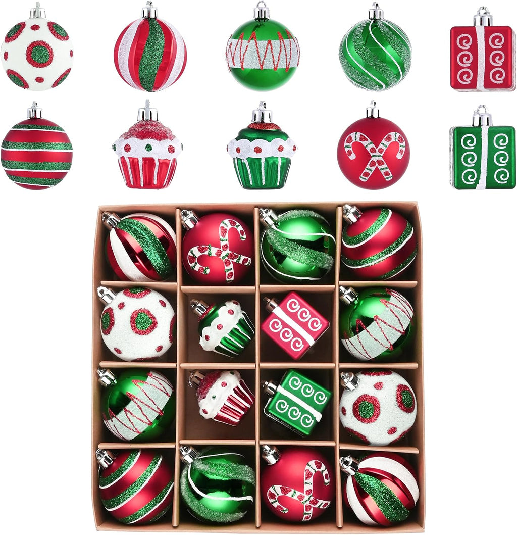 Valery Madelyn Christmas Tree Ornaments Set, 16ct Candy Cane Red Green White Shatterproof Christmas Tree Decorations Bulk, 2.36 Inch Decorative Hanging Ball Ornaments for Xmas Trees Holiday Decor