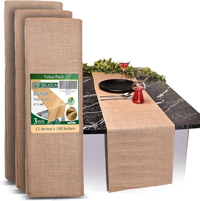 Burlap Table Runners (Pack of 3) – 12”x 108” - No-Fray Finished Edge Premium Quality Natural Table Runner – No Odor, Eco-Friendly Burlap Runner, Perfect for Rustic Table Decor and Other DIY Crafts